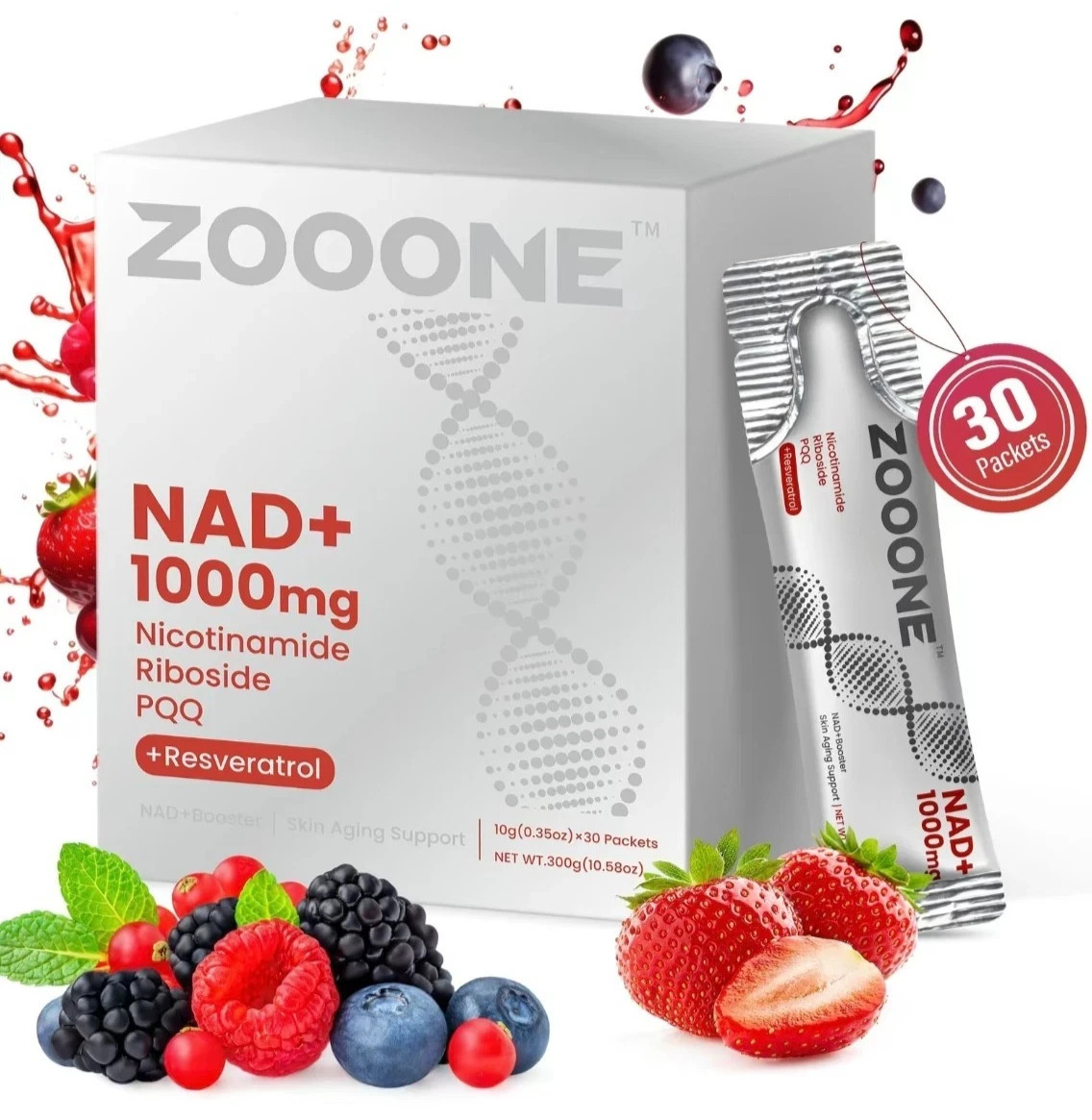 ZOOONE NR1000 NAD+ Drink Mix – Berry Flavor, Energy & Skin Support, 30 Pack