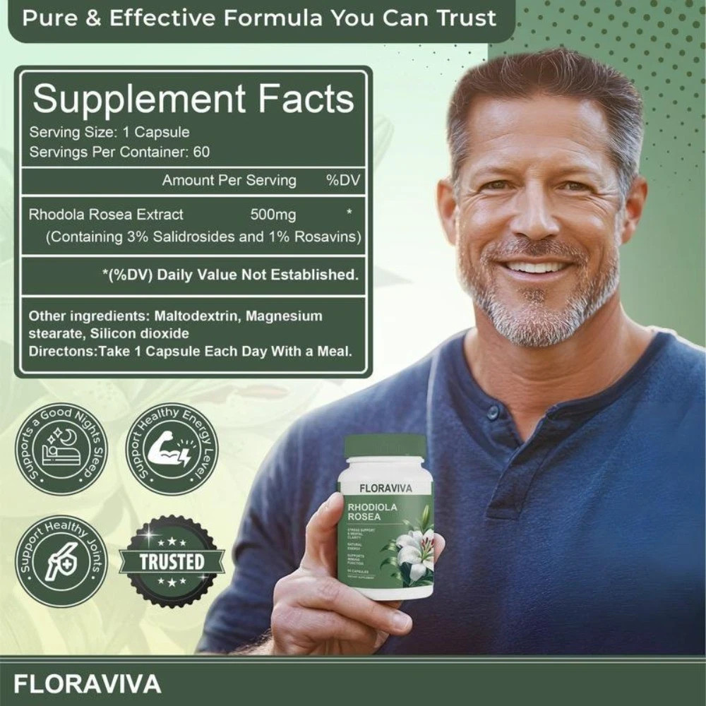 3 Pack Floraviva Rhodiola Rosea Capsules for Stress Relief & Energy,Non-GMO