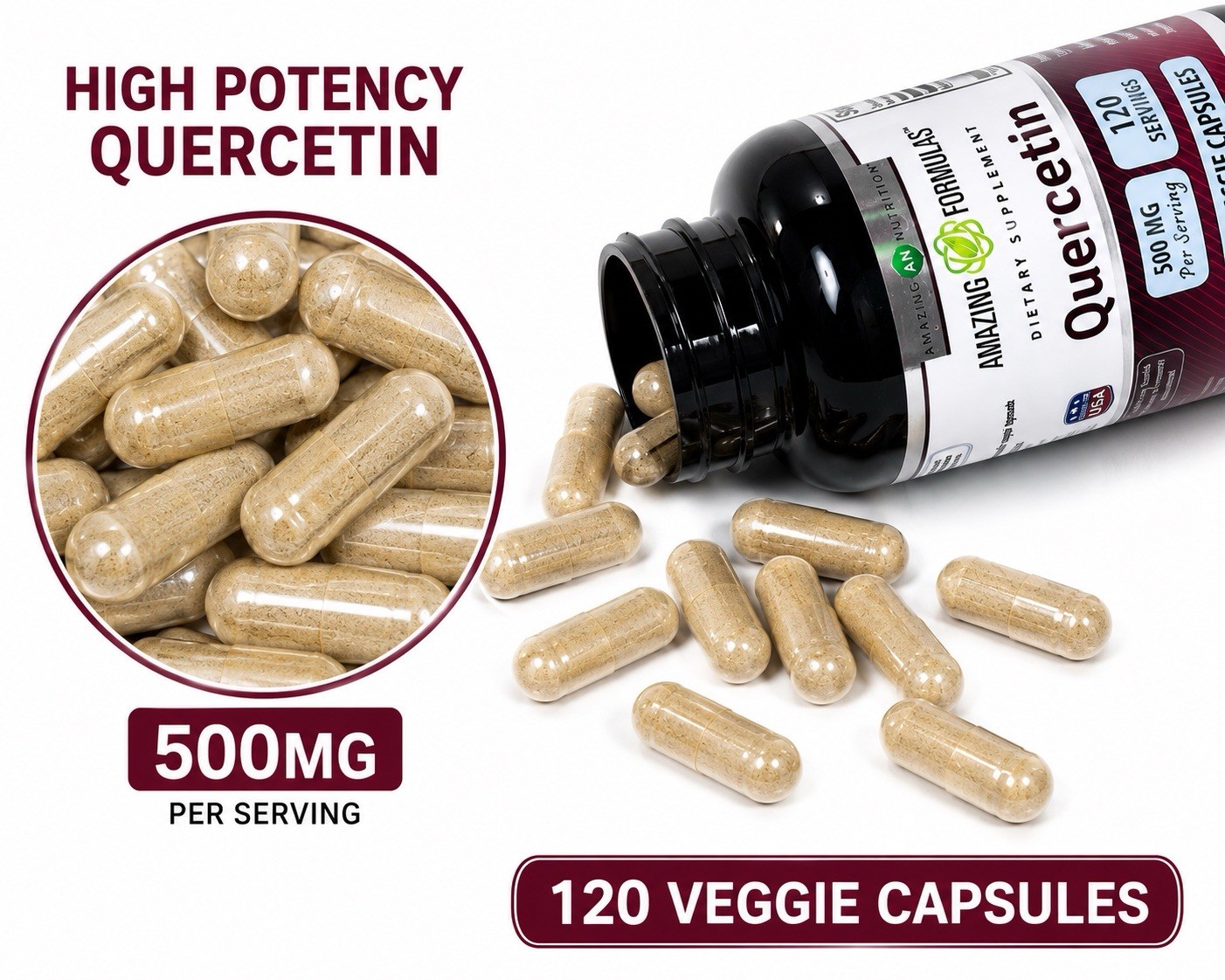 Quercetin 500mg 360 Veggie Capsules 3 Pack Immune Support Non GMO