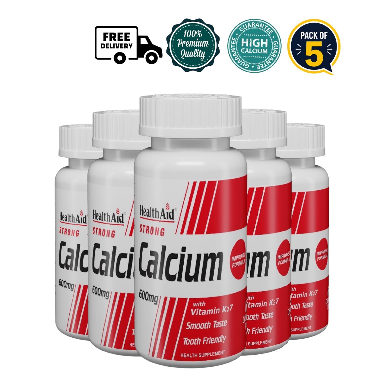 5x Health.Aid Strong Calcium 600mg D3 K2-7 60 Tablets