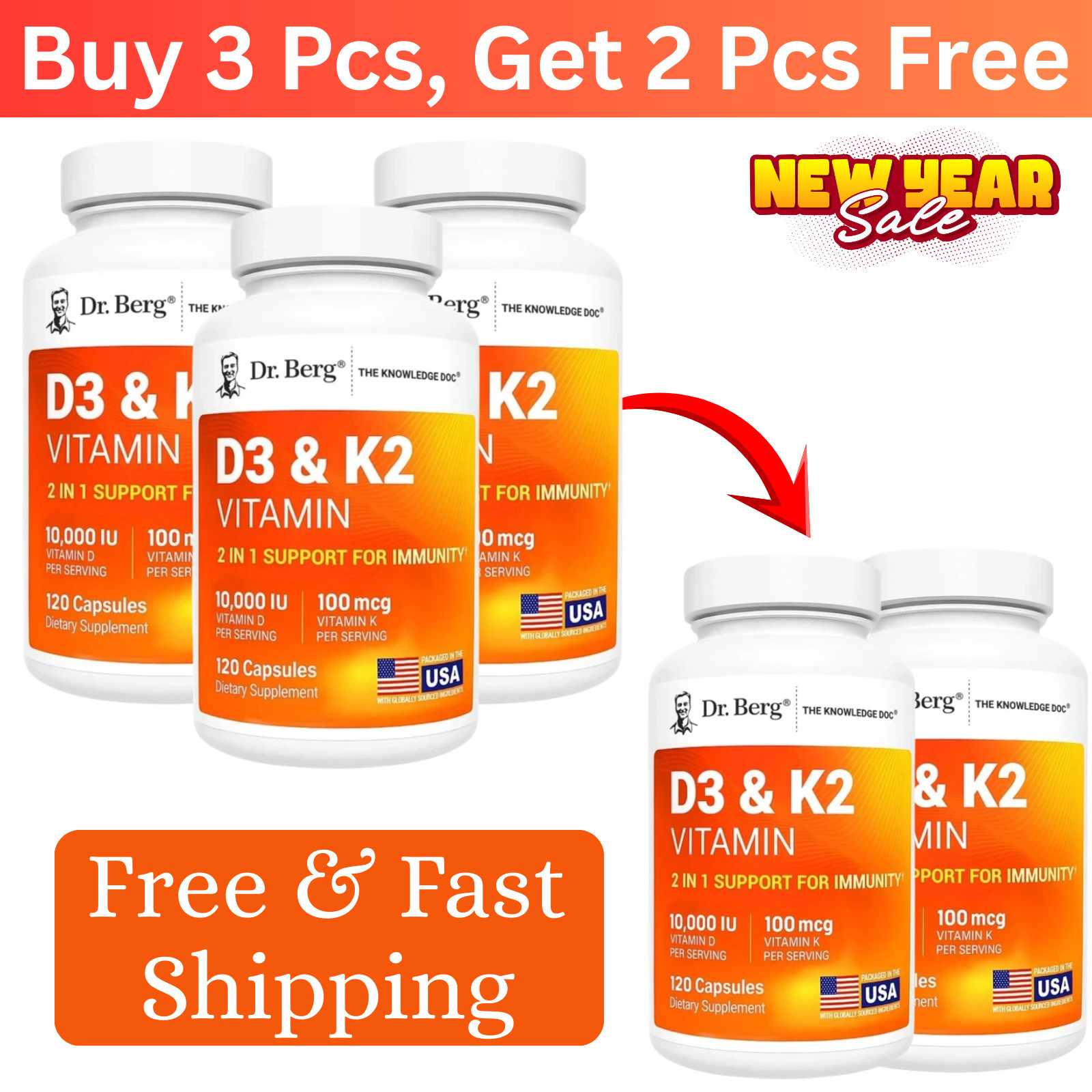 (5 Pack) Dr. Berg’s Nutritionals 100mg Vitamin D3 & K2 Supplement – 120 Capsules
