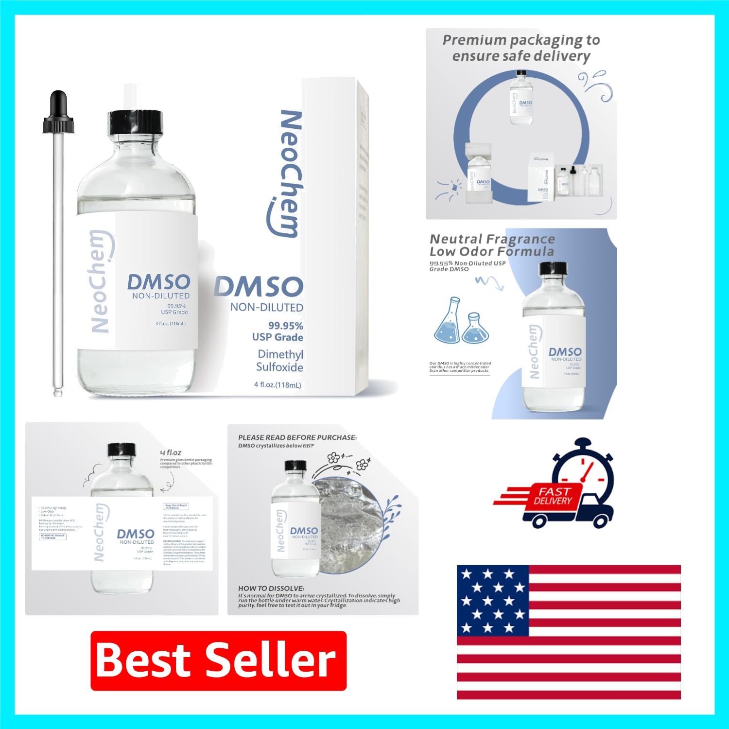 4 oz Ultra-Pure DMSO 99.95% – Odorless Cryoprotectant in Glass Bottle