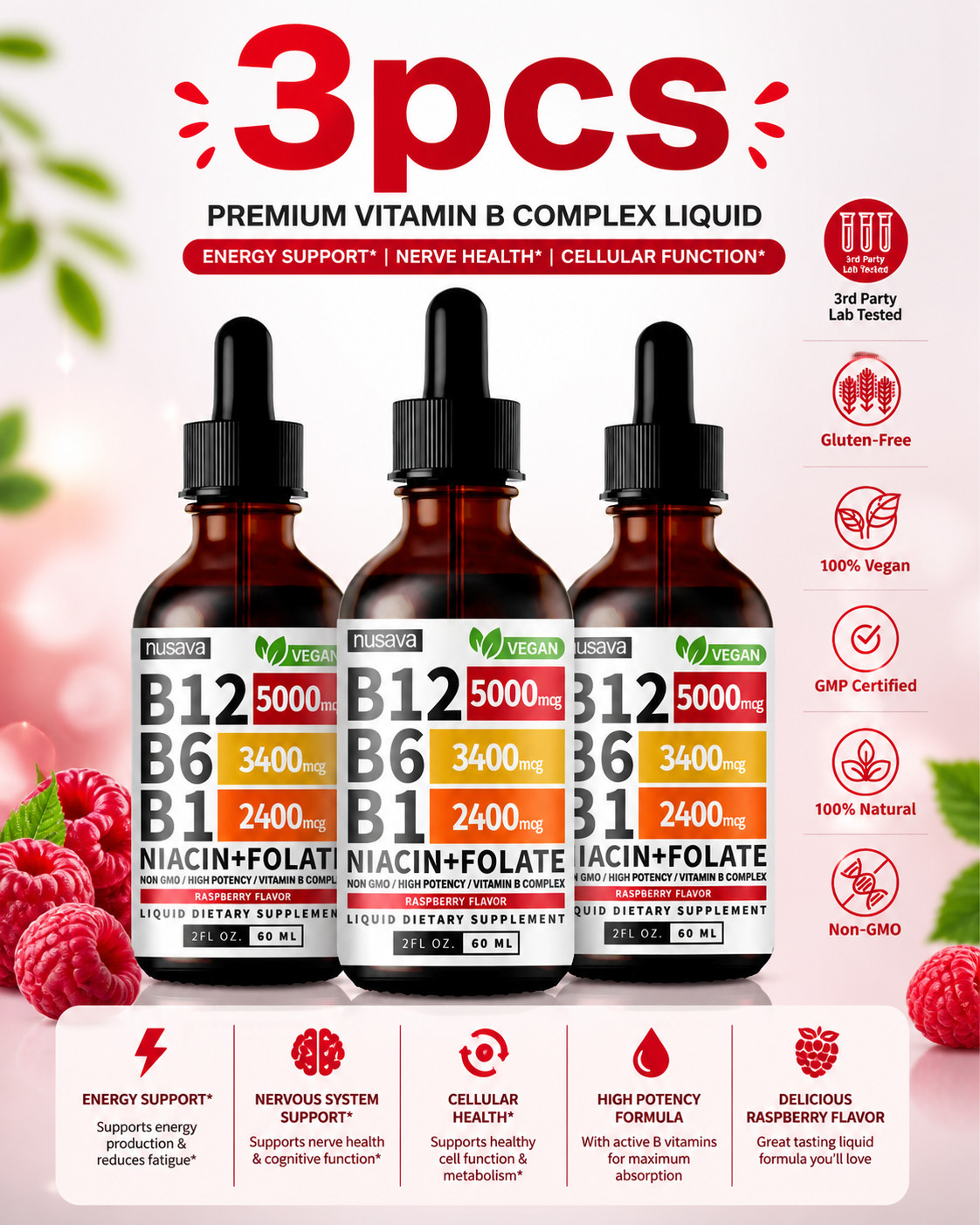NUSAVA Vitamin B12 Drops – 3 Pack – 5000mcg – Raspberry – 80 Servings+*