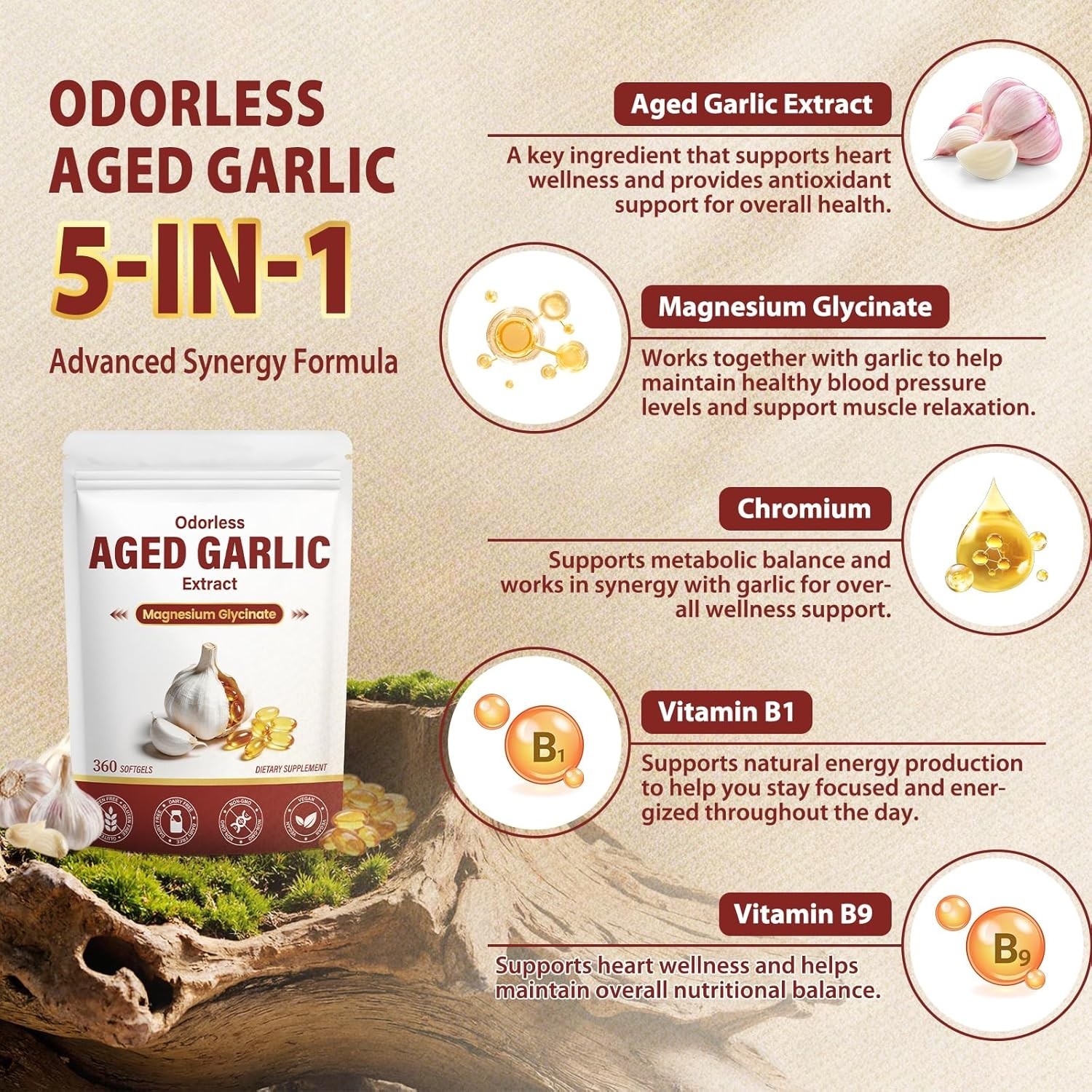 Aged Garlic Extract 360 Softgels, Odorless 2-Year Aged Garlic with Magnesium