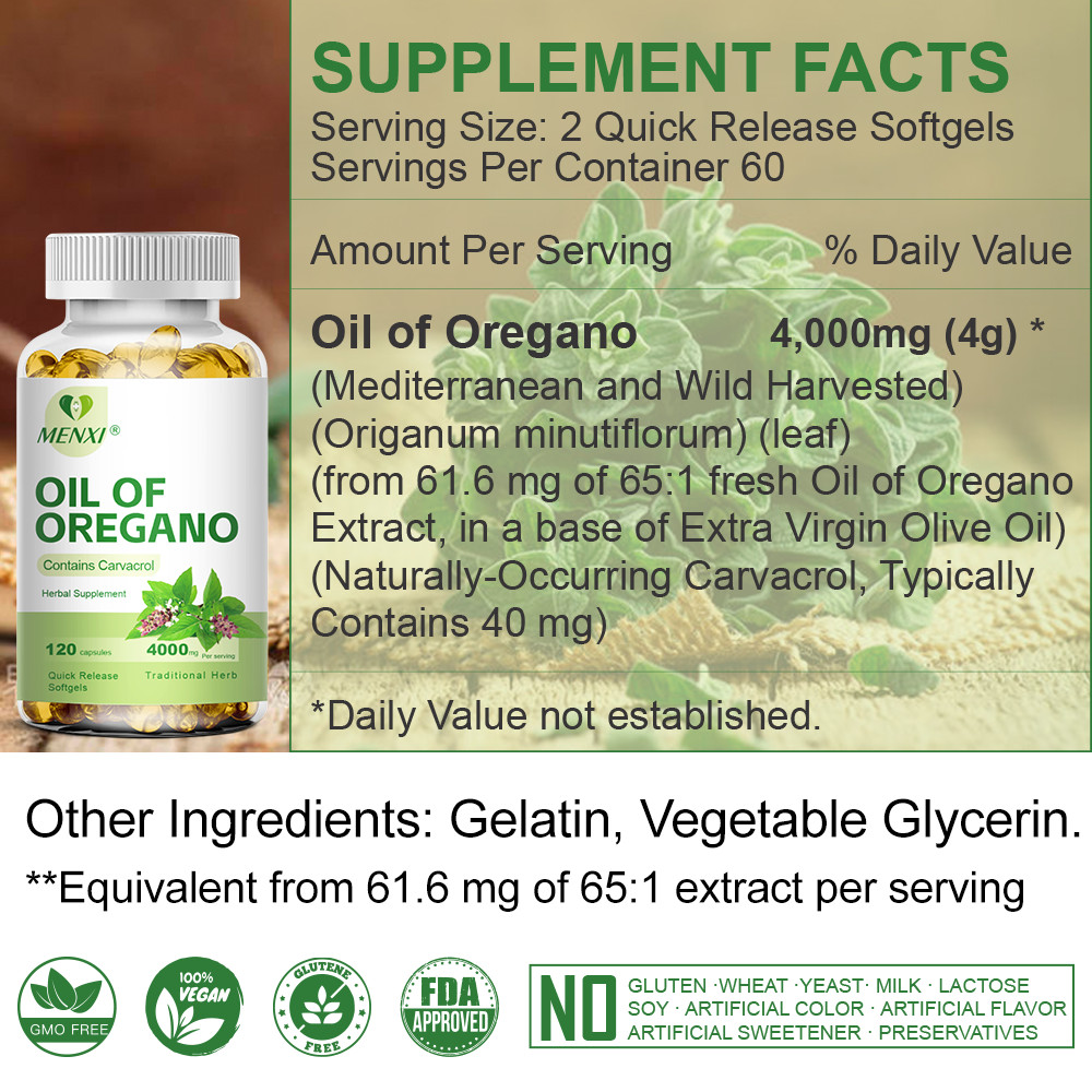 120pcs Oil of Oregano – with Carvacrol Olive Non-GMO Oil- Natural Immune Support