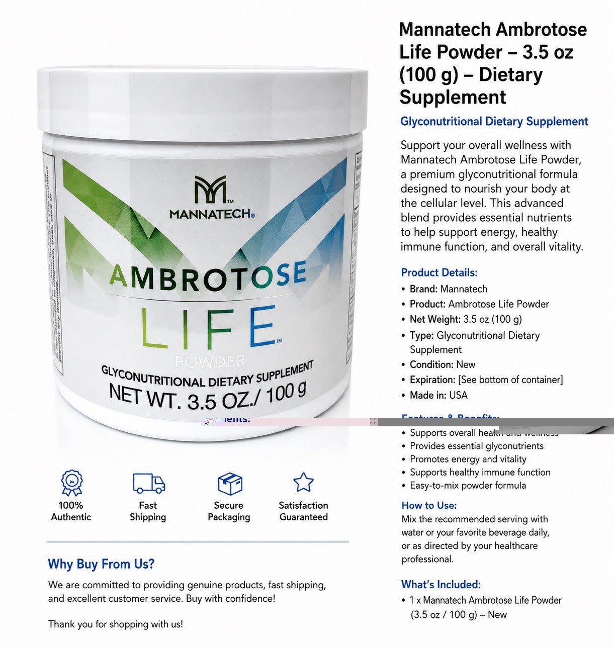 Mannatech Ambrotose Life Powder 3.5 oz (100g) Glyconutritional Supplement