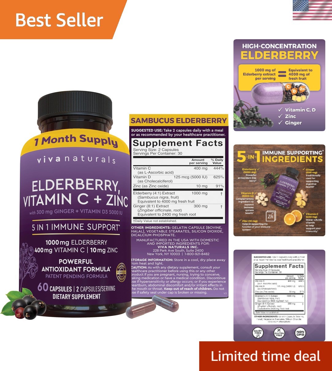 Black Elderberry 1000mg with Vitamin C & D3 – 60 Capsule Immunity Boost
