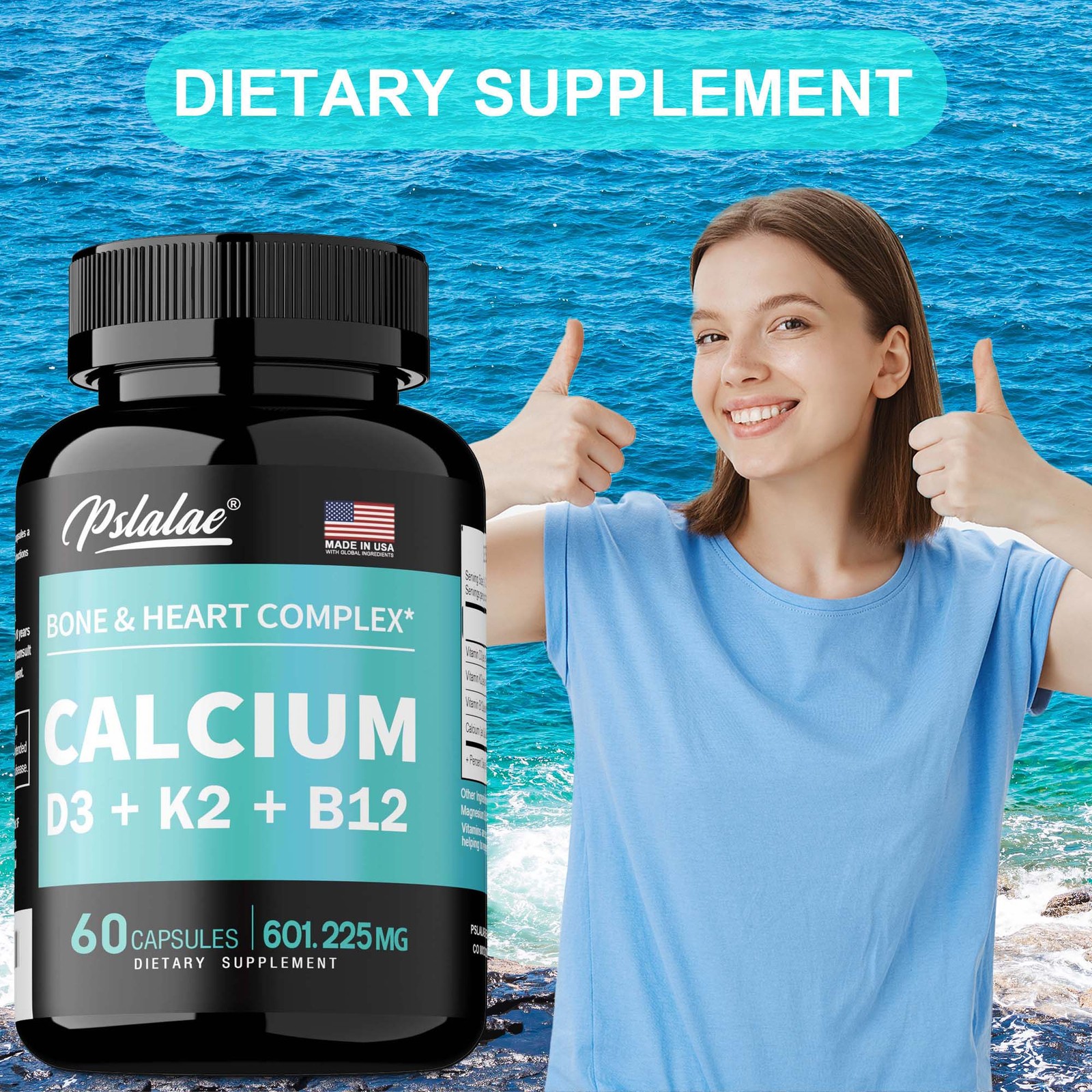 Calcium Capsules – with Vitamin D3, K2, B12, Immune, Bone, Muscle, Heart Health