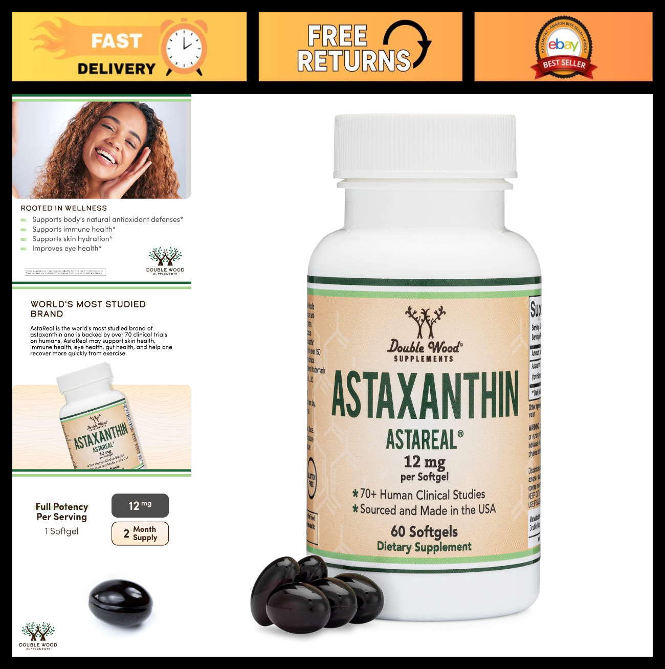 Triple Strength Astaxanthin 12mg – Patented, 70+ Clinical Trials, USA Made
