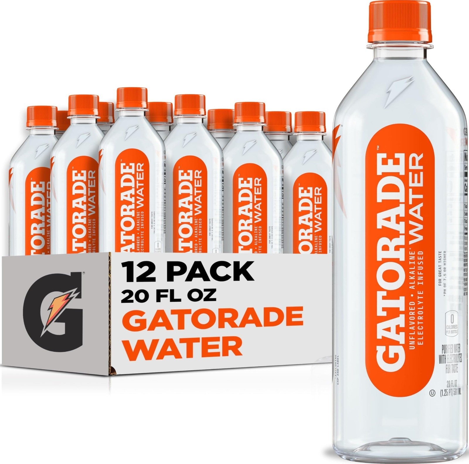 Electrolyte Infused Water, Unflavored, Alkaline pH 7.5+, 20 Fl Oz, 12 Pack
