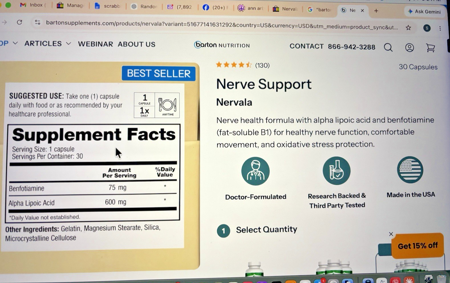 LOT OF 11!! Barton Nutrition Nervala Nerve Support 30 Capsules Exp: 09/2025