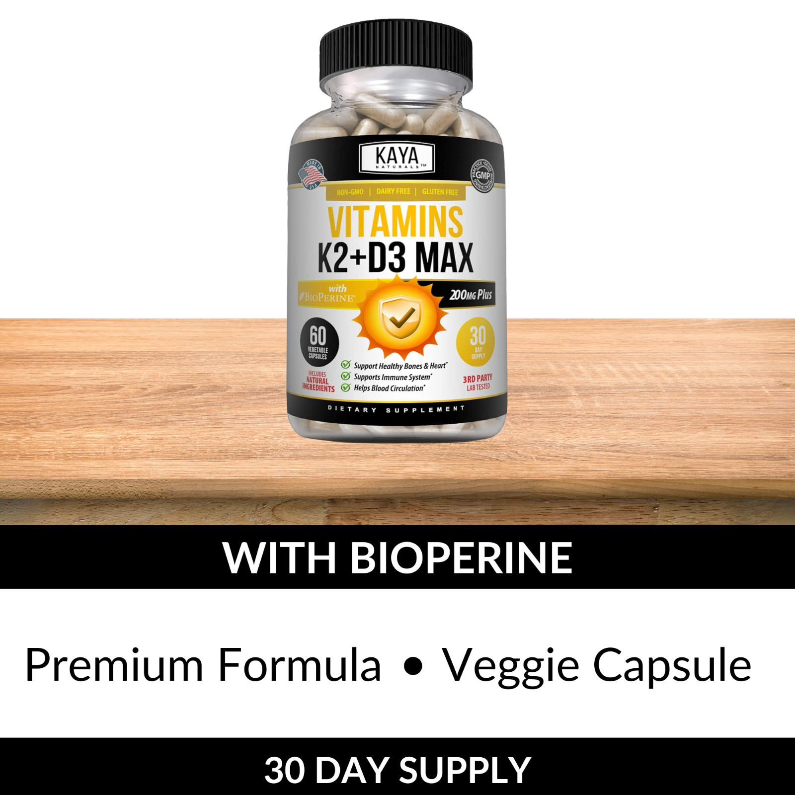 (2 Bottles) Vitamin K2 (MK7) D3 5000 IU Supplement, BioPerine Capsules, Immune