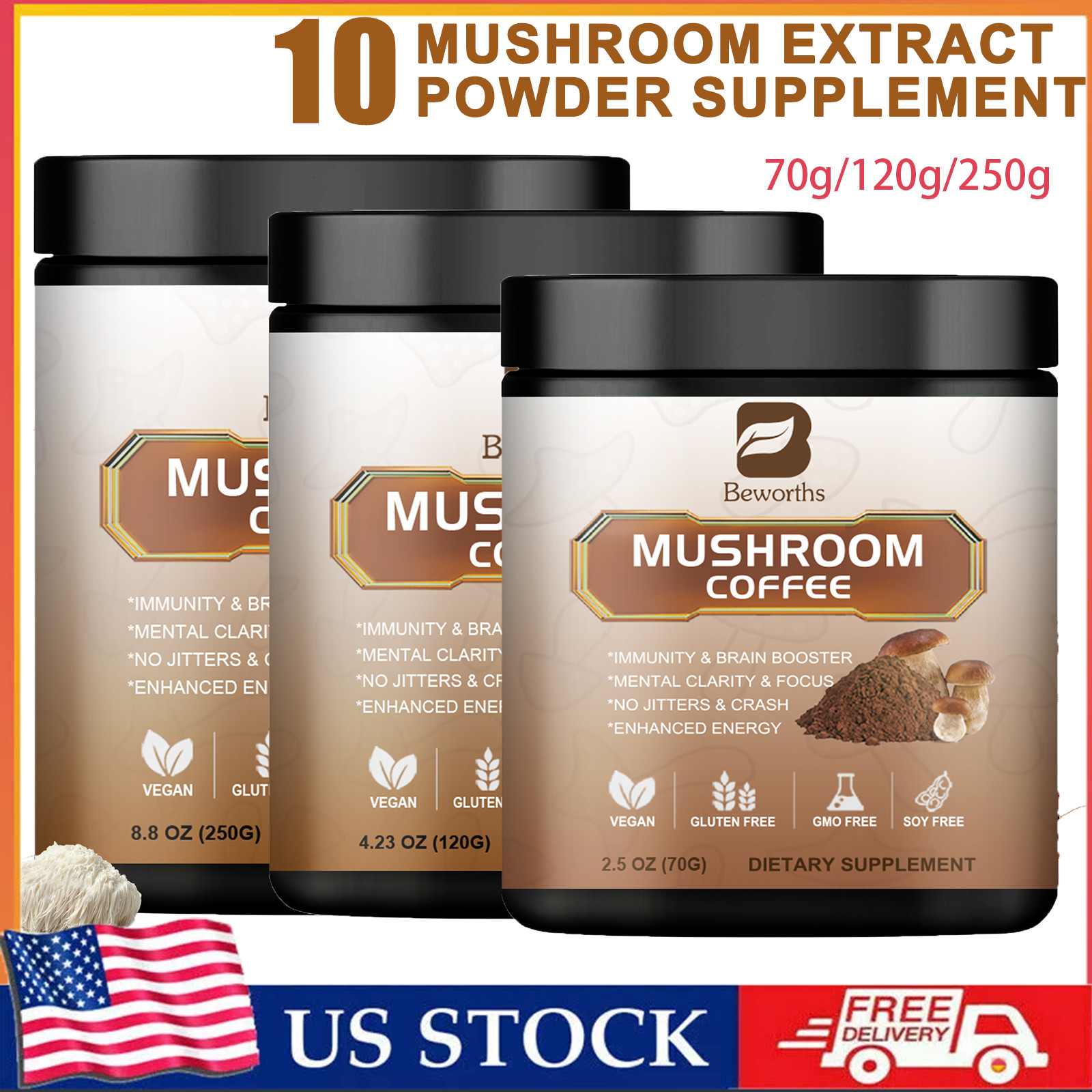 Organic Mushroom Coffee-Reishi,Cordyceps, Lion’s Mane,Turkey Tail Mushrooms