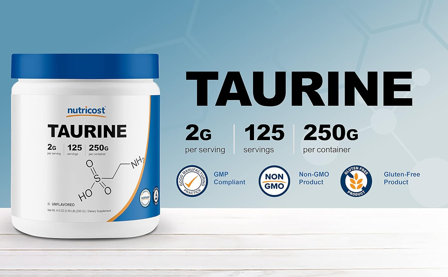 Taurine Powder 250 Grams – 125 Servings, 2000Mg per Serving