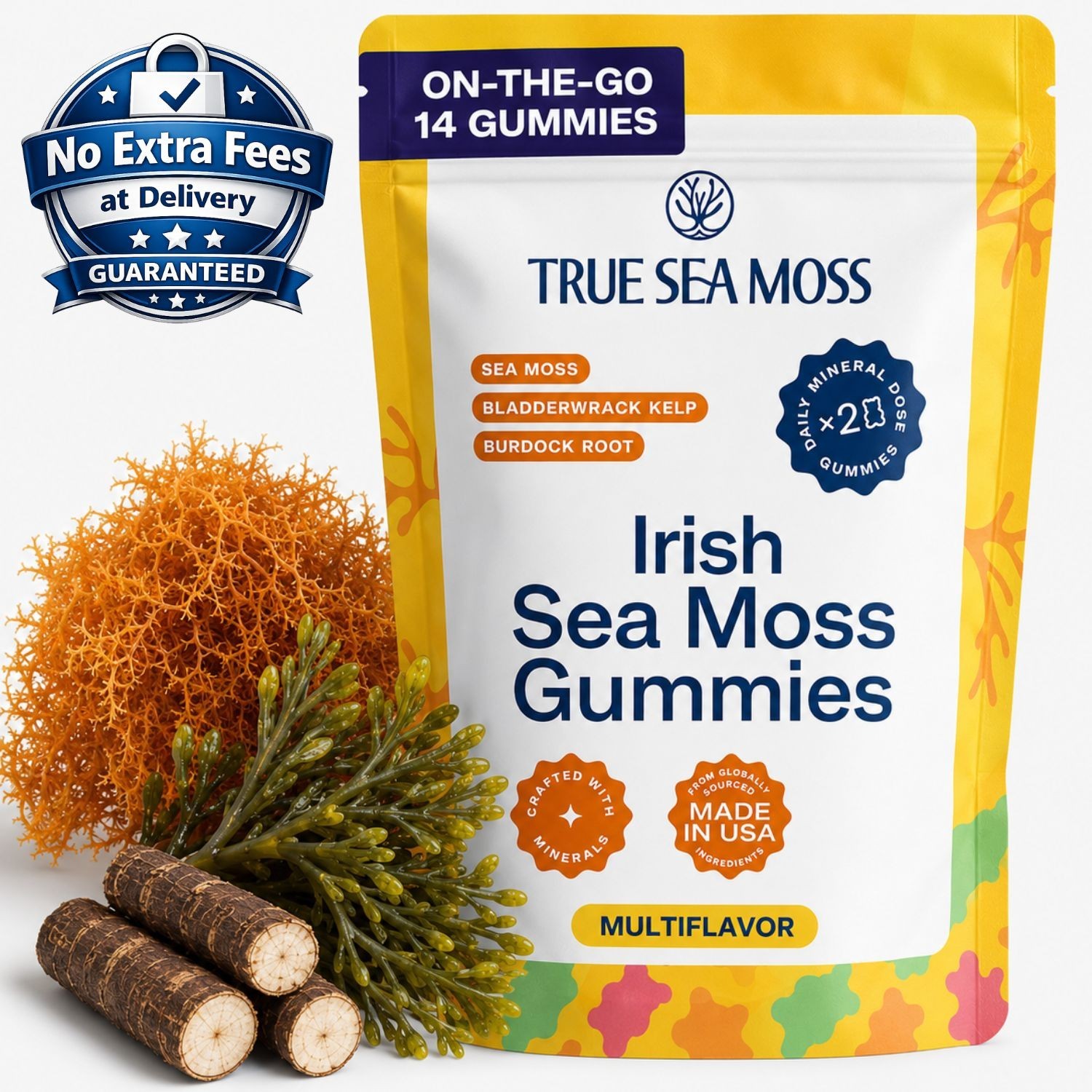 Irish Sea Moss 1200 mg con Bladderwrack y Raíz de Bardana Multisabor 14 Gomitas