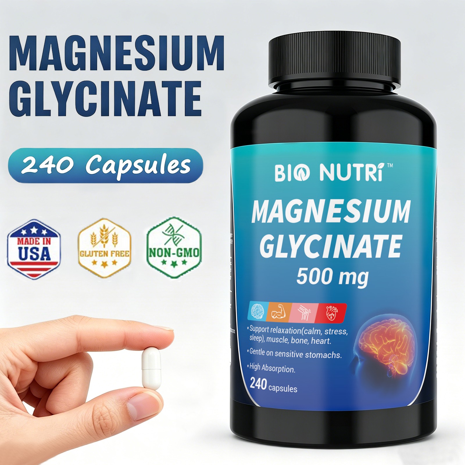 Magnesium Glycinate 500mg 240 Capsules – For Sleep, Stress Relief Support Bone