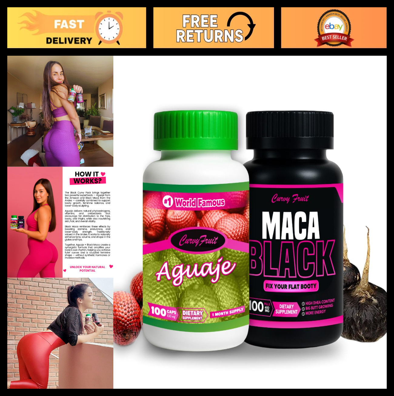 Maximum Booty Growth Pills – Aguaje & Black Maca for Women – Glute Enhancer