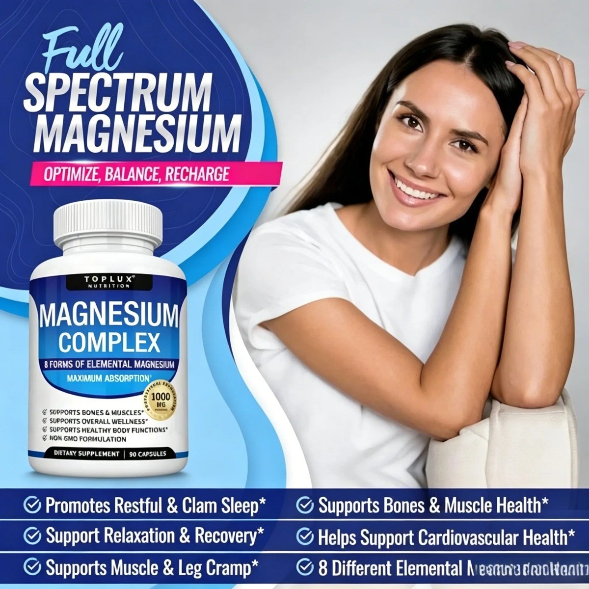 Magnesium Complex 1000mg 8-in-1 Supplement for Sleep, Calm & Cramp 90ct
