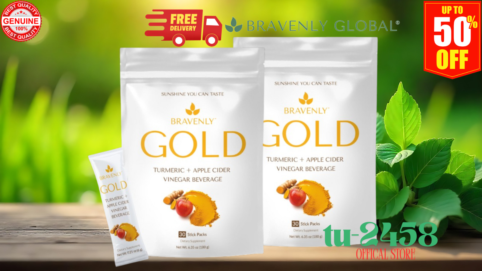 2X BRAVENLY GOLD Turmeric Apple Cider Vinegar Beverage 30(x2) Stick Packs NEW