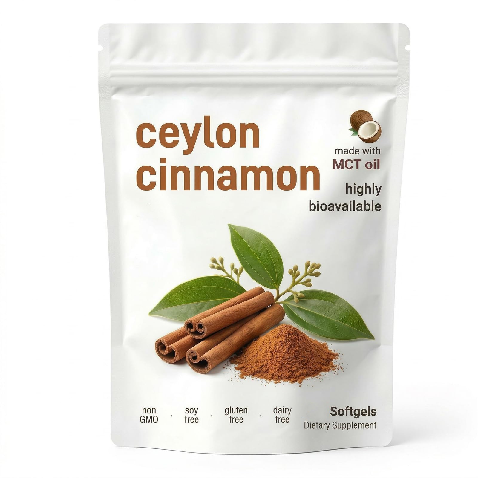 Dietary True Ceylon Cinnamon Softgels with MCT Oil 300 Count Elorita Supplement