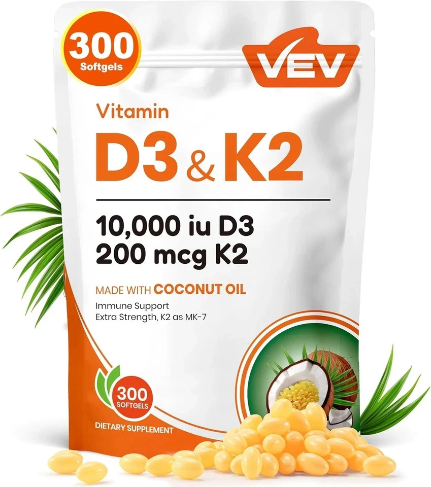 VEV Vitamin D3 Con K2 10000 IU, 300 kinds of virgin coconut oil softgels, 2-in-1