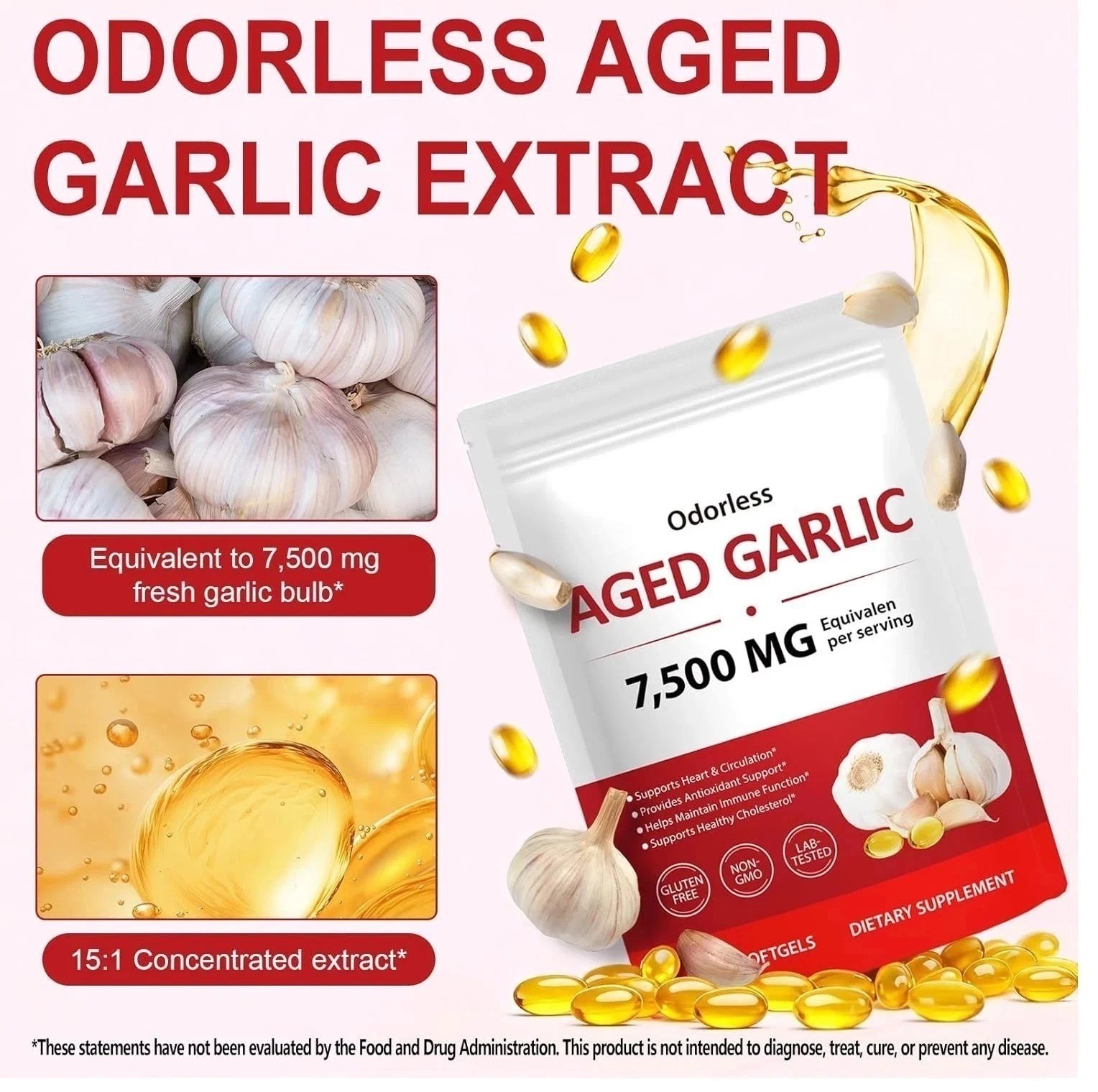 1 PACK Elare Aged Garlic Extract, 300 Softgels, 7500mg Odorless | Heart & Immune