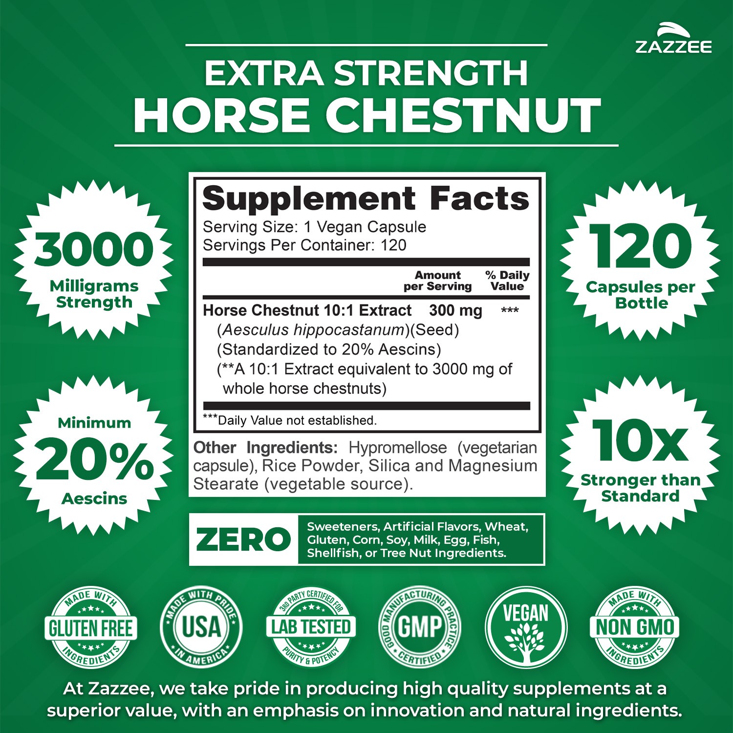Zazzee Extra Strength Horse Chestnut 10:1 Extract, 3000 mg Strength, 20% Aescins