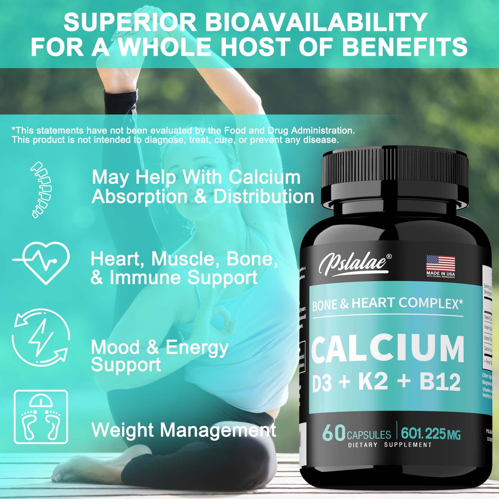 Calcium Capsules – with Vitamin D3, K2, B12, Immune, Bone, Muscle, Heart Health