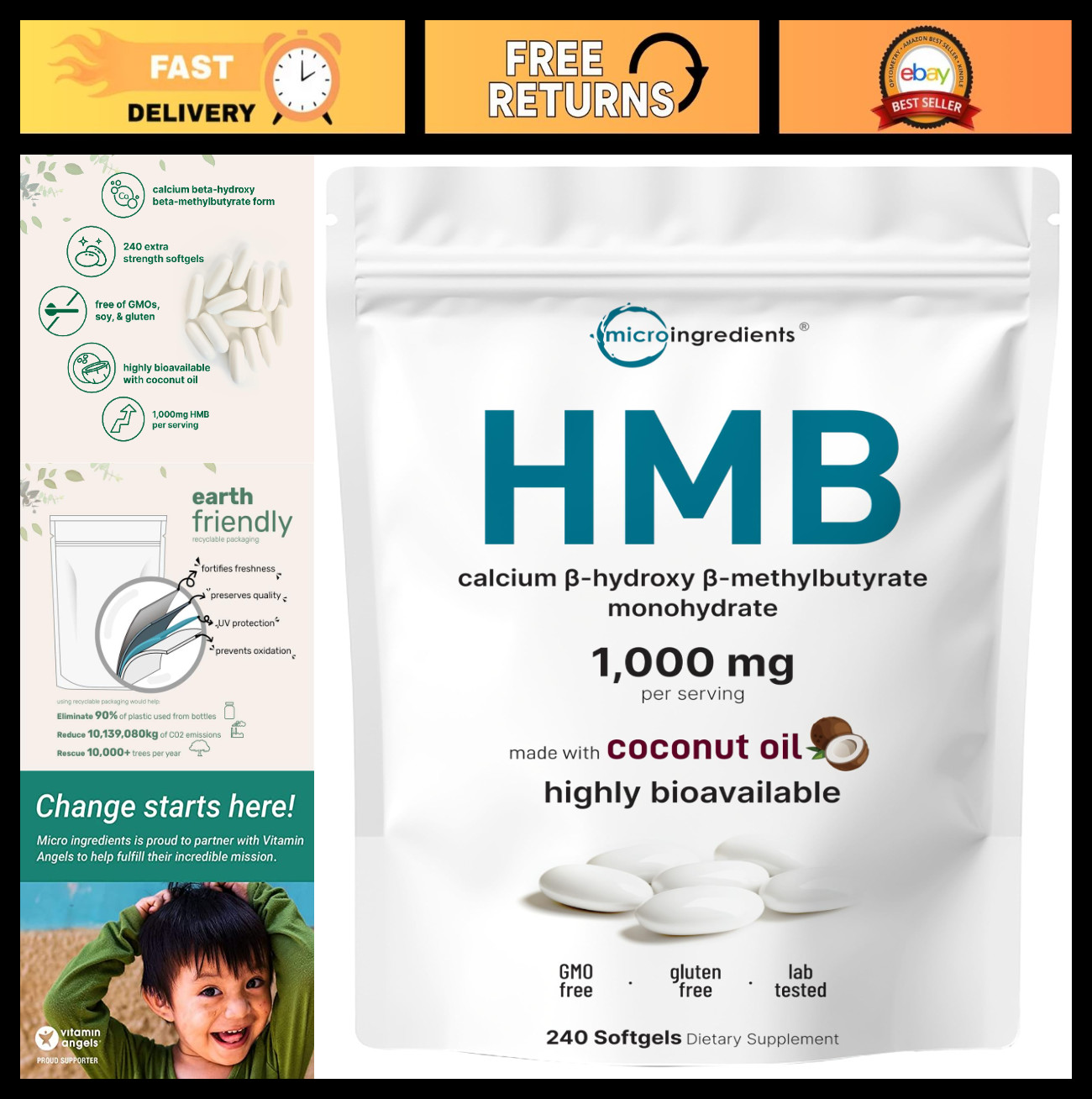 HMB 1000mg Softgels with Coconut Oil | Supports Muscle Mass & Recovery | 240 Cou