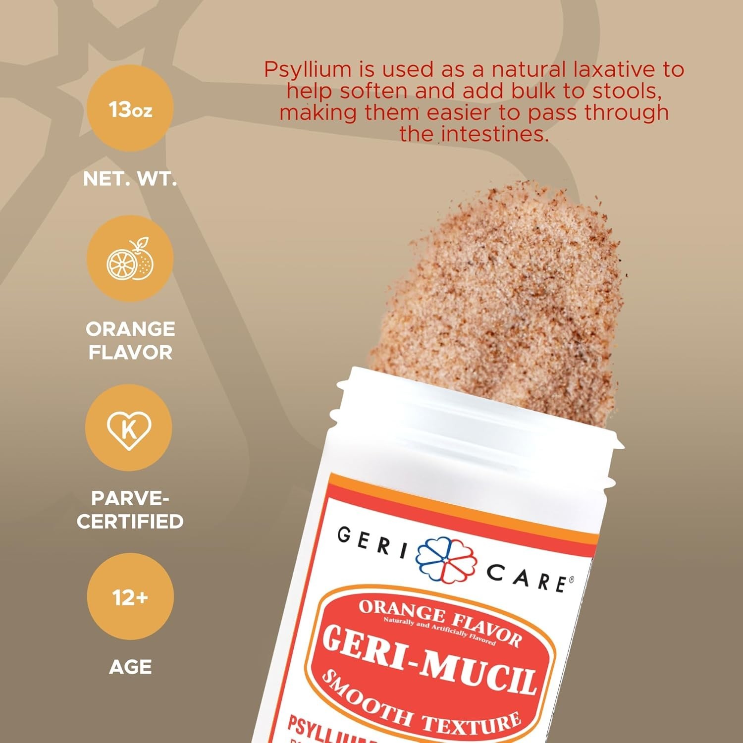 Geri-Mucil 4-In-1 Orange Psyllium Husk Powder – Fiber Supplement (13oz, 2 Pack)