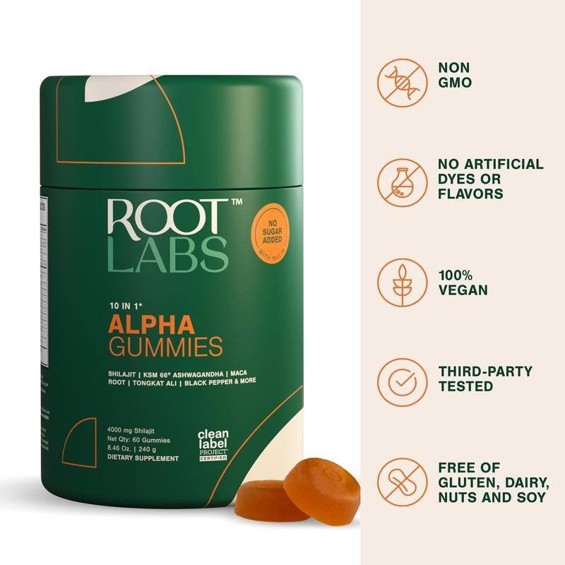 10 in 1 Gummies 60 Alpha 4000mg Pure Shilajit with KSM-66 Supplement Root Labs