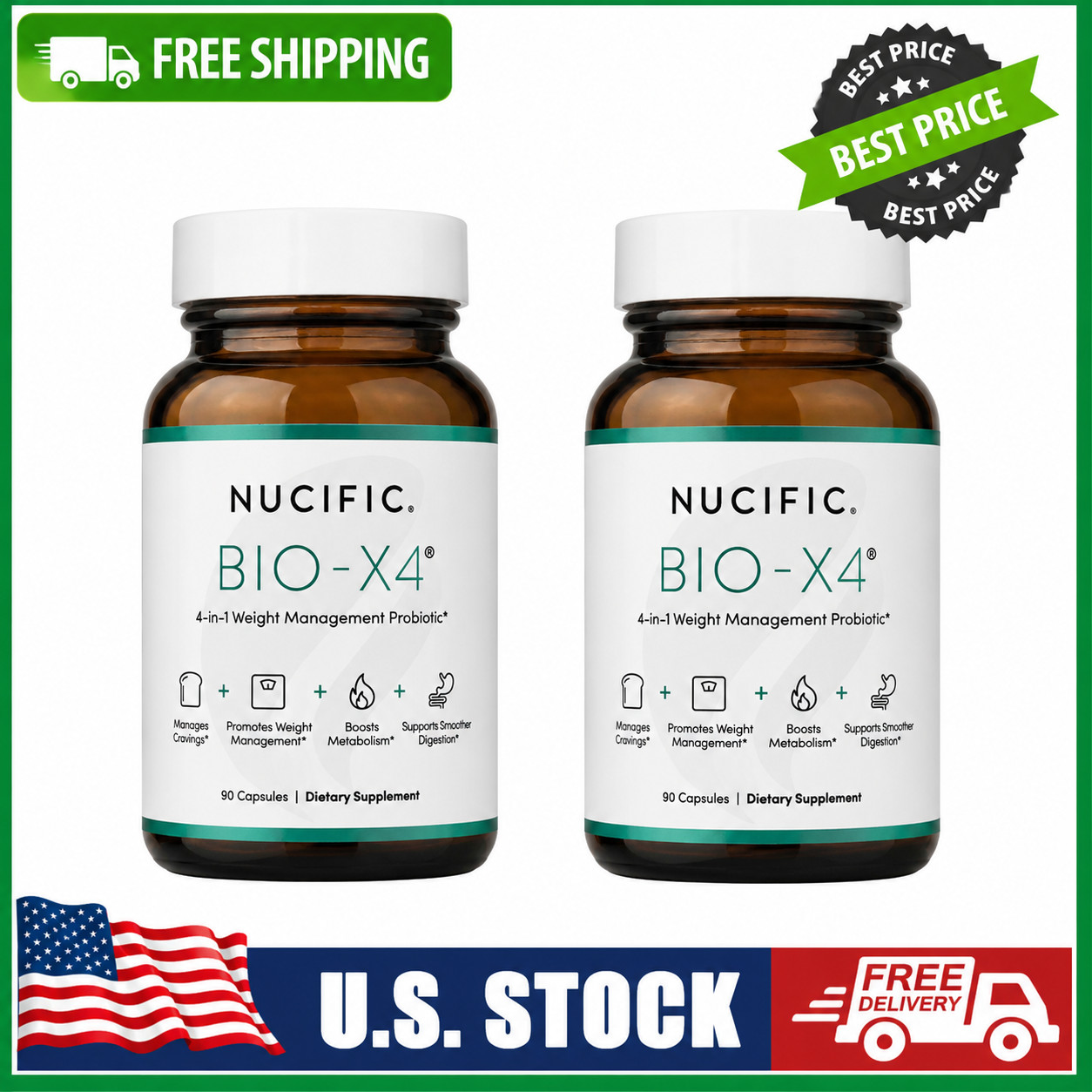 (2 pack) Nucific BIO-X4 – 4 in One Probiotic Digestive Weight Support 90 Capsule