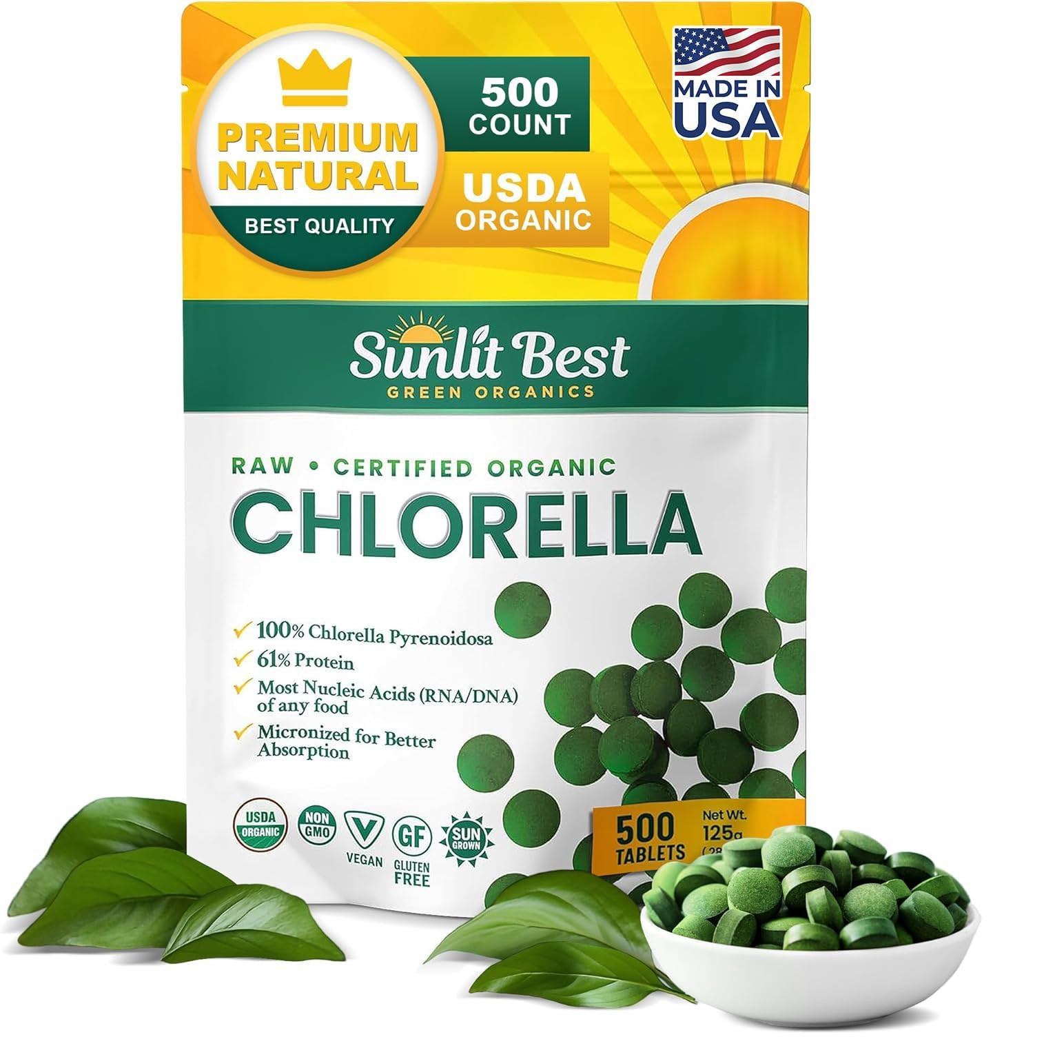 Sunlit Best Chlorella Tablets Organic USDA 500 Count – 2X More Absorbable, Paten