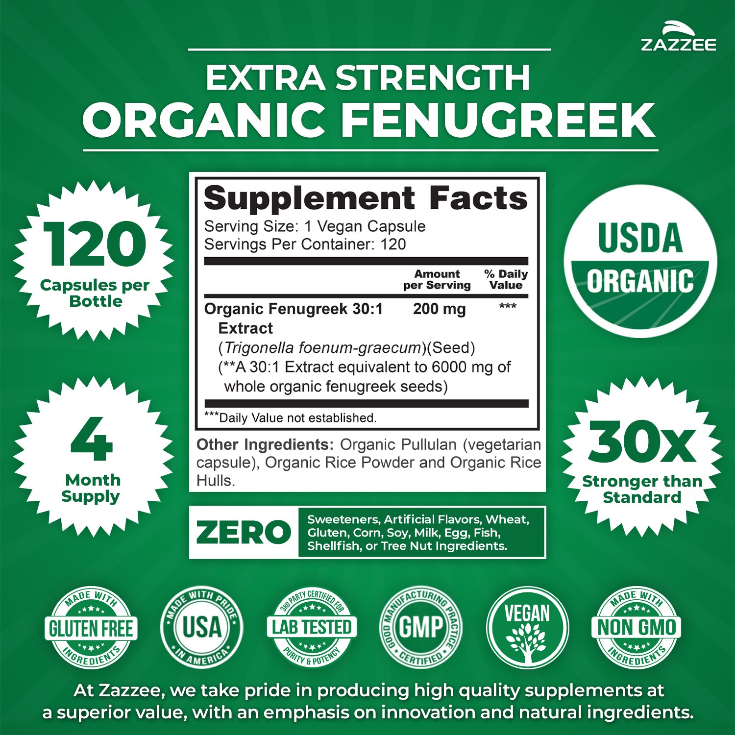 Zazzee USDA Organic Fenugreek 30:1 Extract, 6000 mg Strength, 120 Vegan Capsules