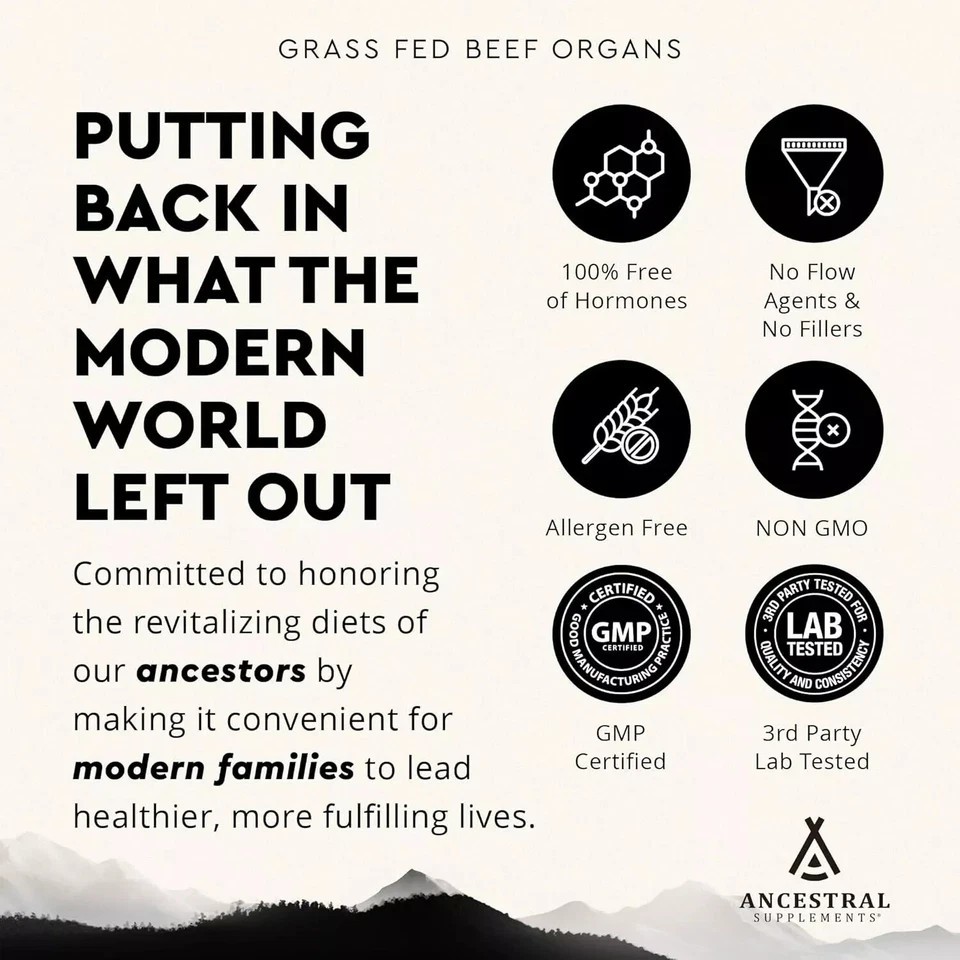 Ancestral Supplements Grass Fed Beef Organ Supplement – Non-GMO, 180 Ct 1-5x
