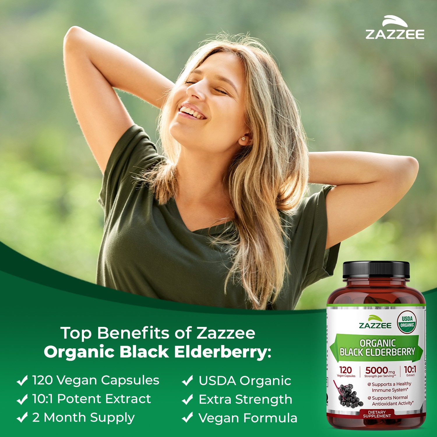 USDA Organic Black Elderberry 10:1 Extract, 5000 mg Strength, 120 Vegan Capsules