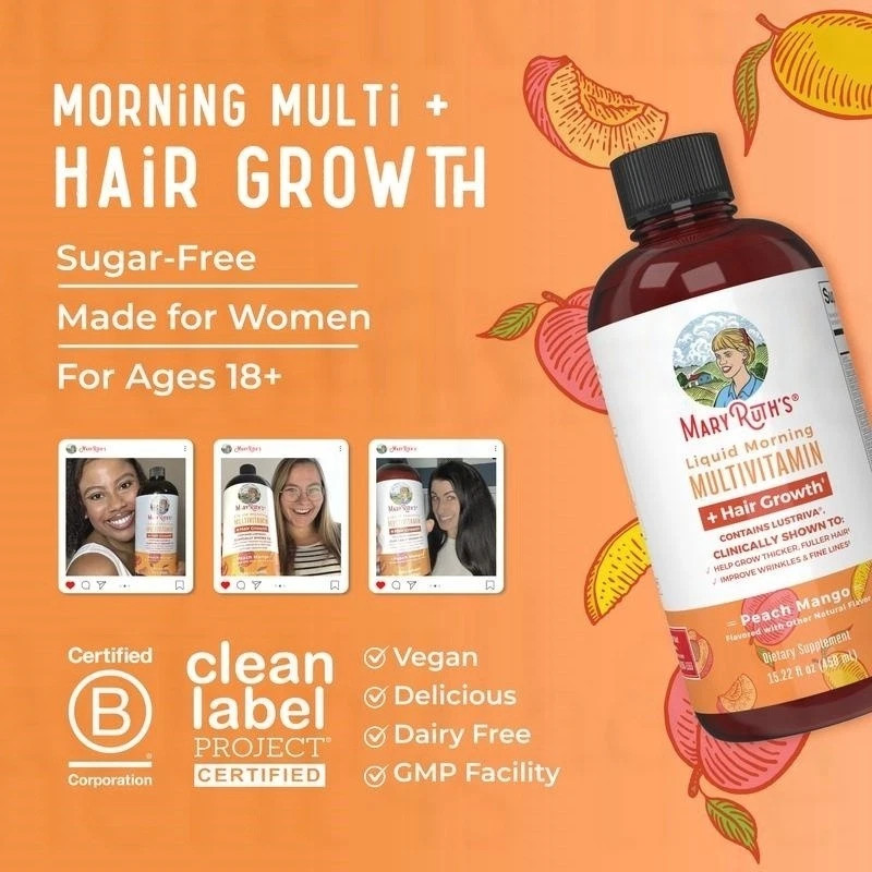 Mary Ruth’s Liquid Morning Multivitamin + Hair Growth – Peach Mango – 15 fl oz..