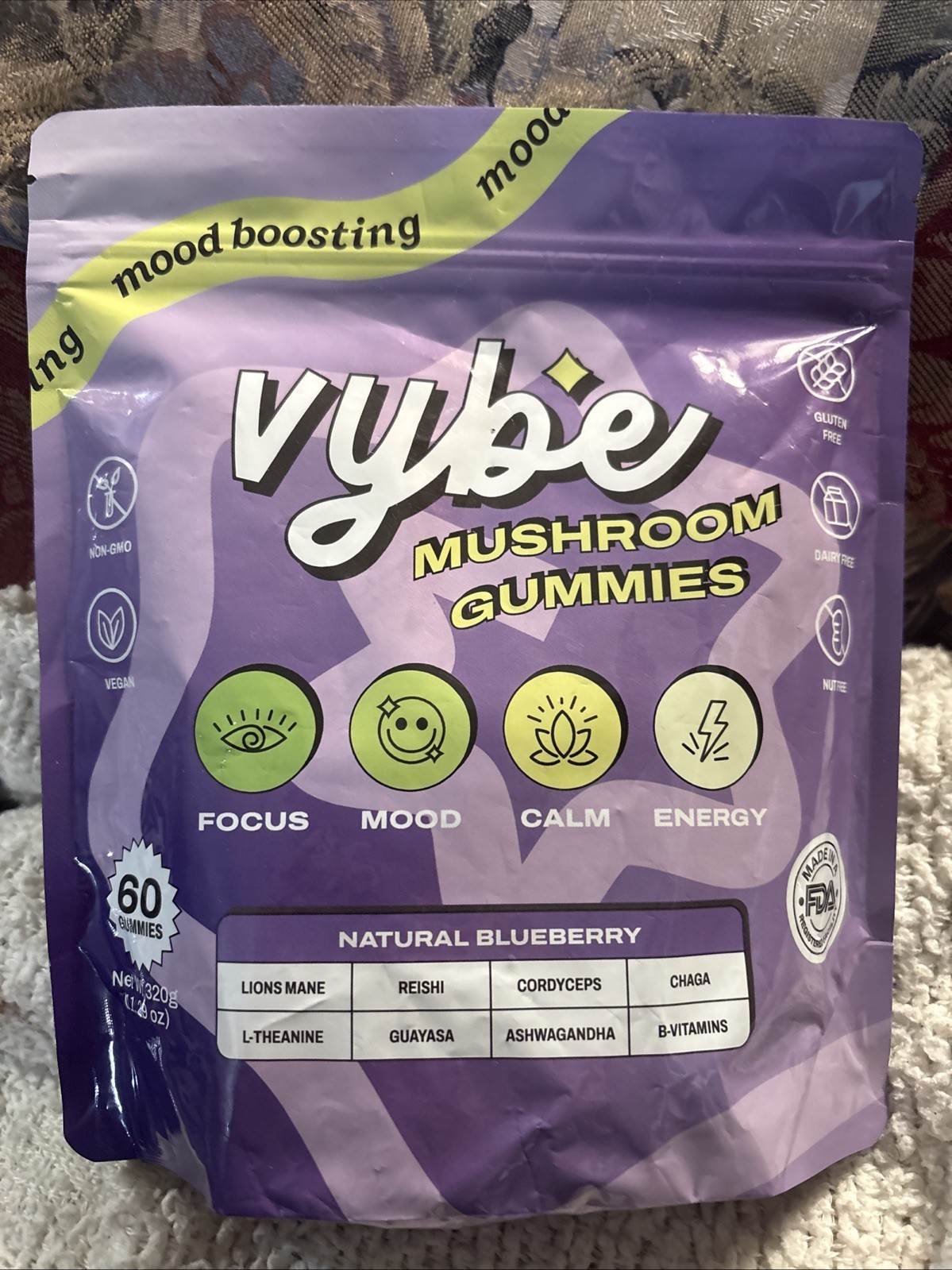 Vybe Mushroom Gummies for Focus, Mood, Calm & Energy 60 Count Blueberry 11/2026