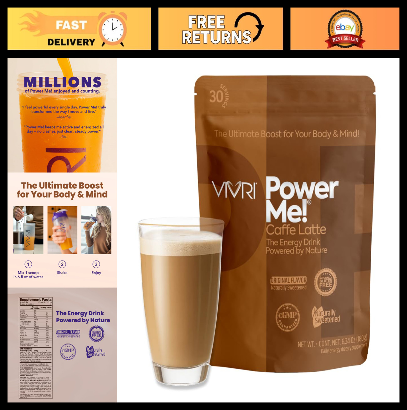 Energy Boost Formula – Caffe Latte Flavor | Natural Green Tea, Guarana, Yerba Ma