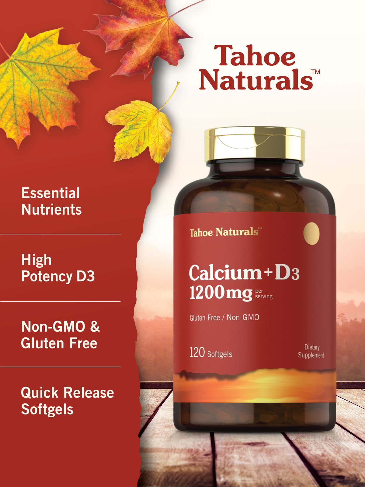 Calcium 1200mg with Vitamin D3 | 120 Softgels | Non-GMO | by Tahoe Naturals