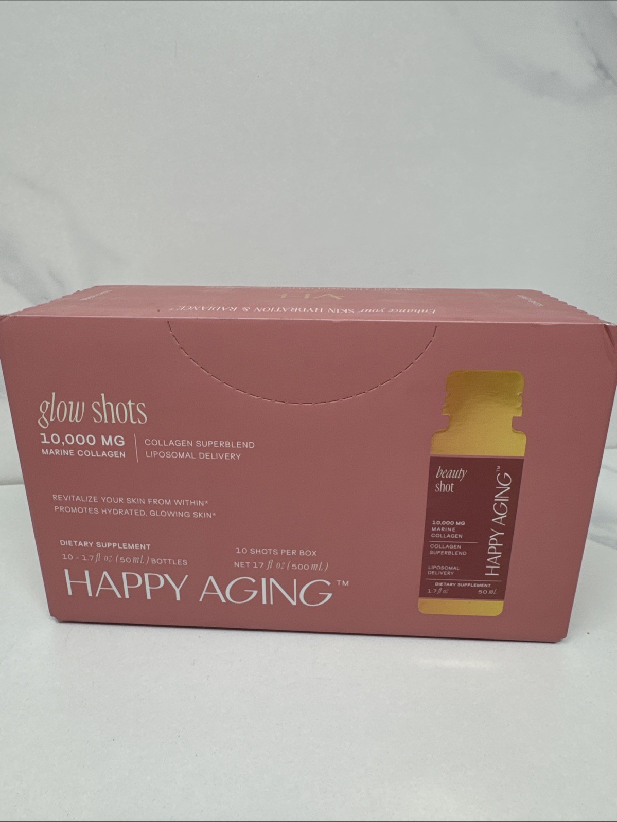 Happy Aging Glow Shot 10,000mg Marine Collagen 1.7 oz. /50mL Each. Box of 10 New