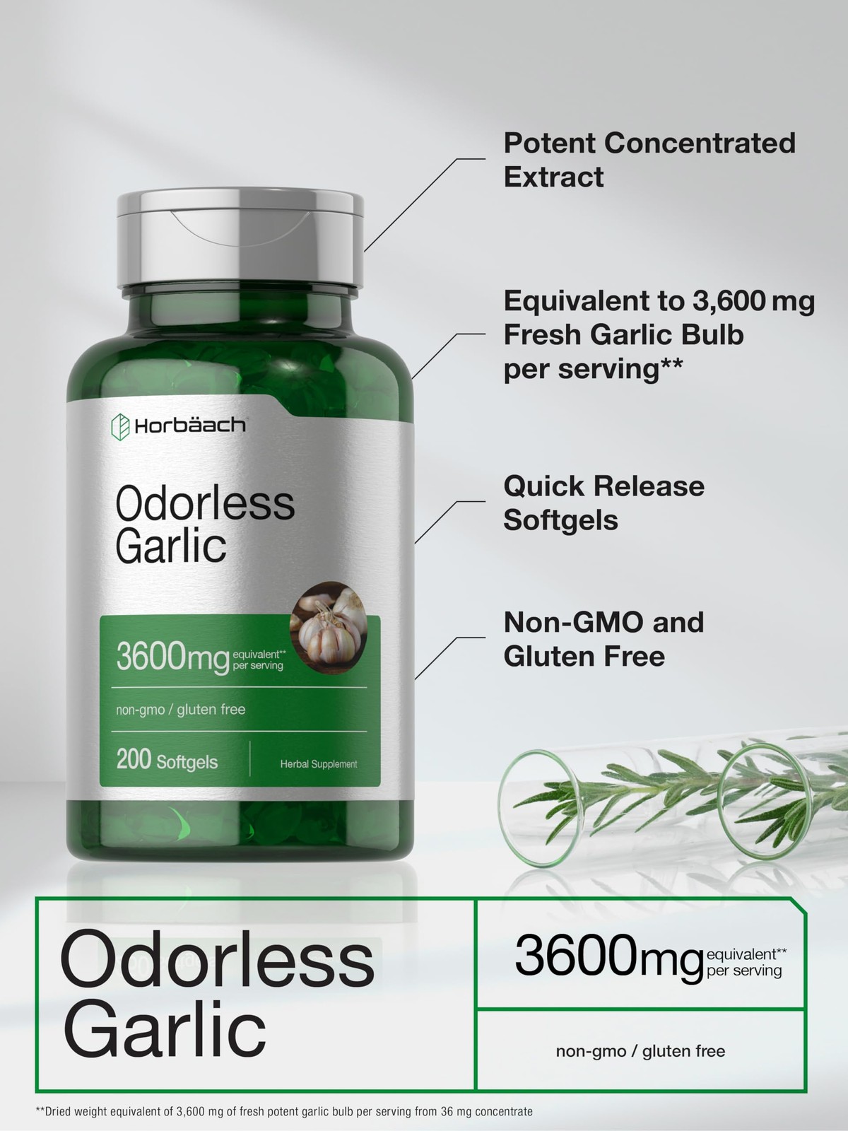 Horbäach Odorless Garlic Softgels 3600 mg | 200 Count | Ultra Potent Garlic