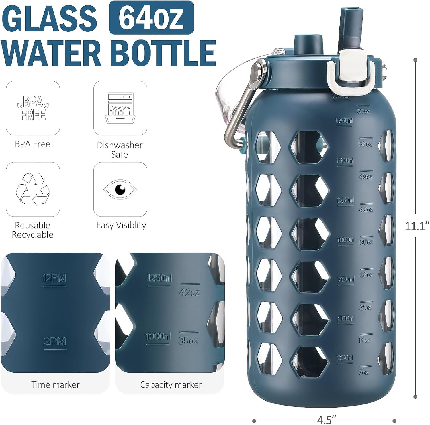 MUKOKO 64oz Glass Water Bottles with Straw and Lid,Half 64 Ounces, Blue