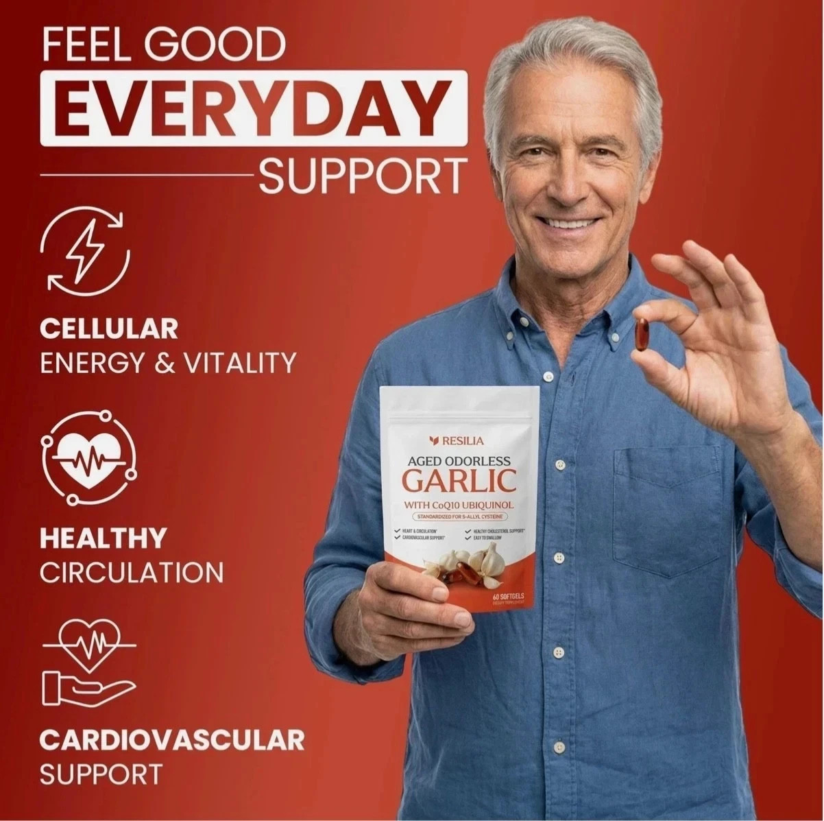 Resilia Garlic Extract 600mg Softgels (60 Count) – Odorless Aged Garlic Extract