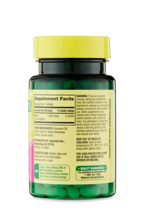 Spring Valley Biotin 1000mcg 150 Softgels Skin Hair Nail Health Supplement USA