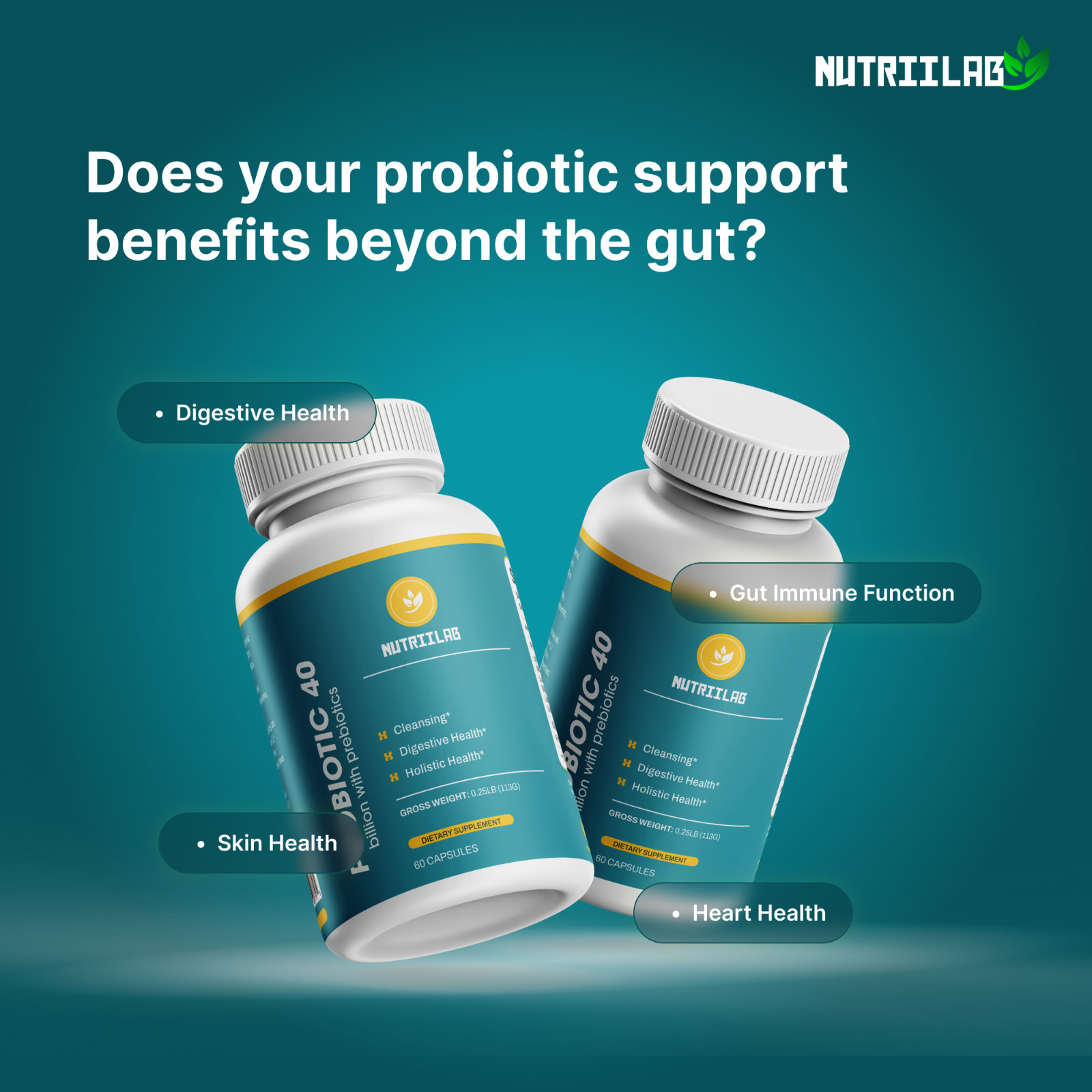NutriiLab Probiotic Prebiotic 40 Billion CFU Gut Health Digestive 60 Day Supply