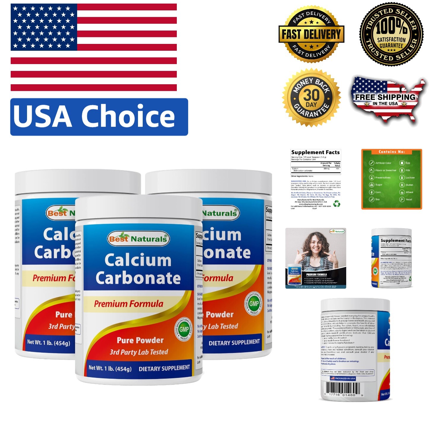 3 Pack 1 lb Food Grade Calcium Carbonate Powder – Pure, Gluten-Free, USA Made