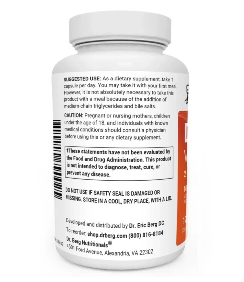 Dr. Berg’s D3 & K2 Vitamin, 10,000 IU, 100 mcg per serving, 120 Capsules