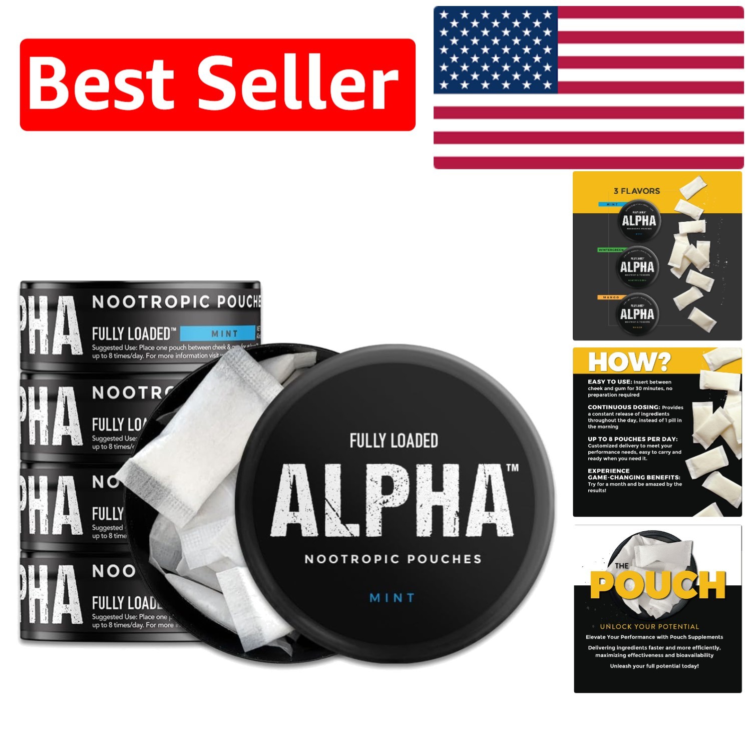 Convenient Alpha Nootropic Mint Pouches – 15 per Can, Fast Absorption for Focus