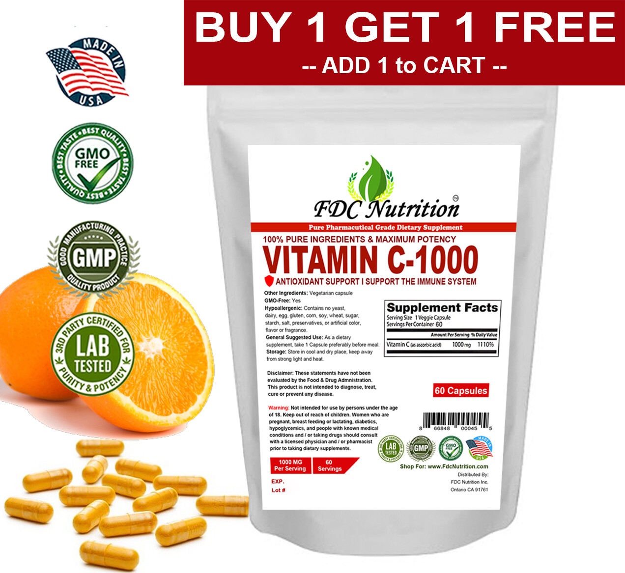 Pure Vitamin C 1000mg – Immune Support – 60 Capsules Each BUY 1 GET 1 FREE
